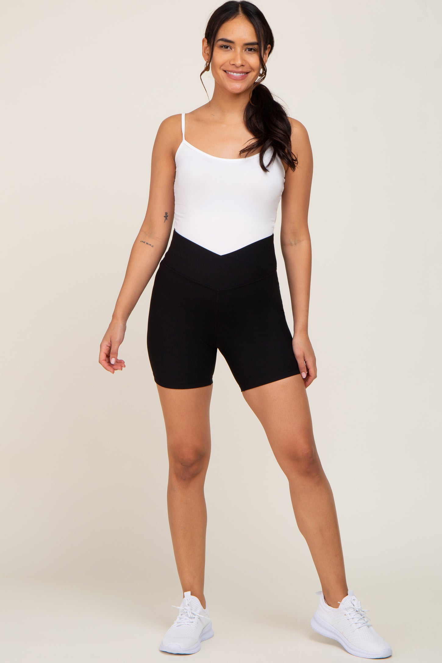 Black Ribbed Crisscross Maternity Biker Shorts