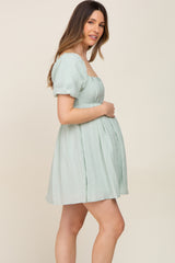 Sage Striped Pleated Puff Sleeve Maternity Mini Dress