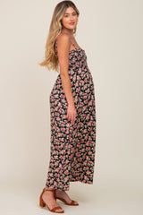 Black Square Neck Smocked Maternity Midi Dress