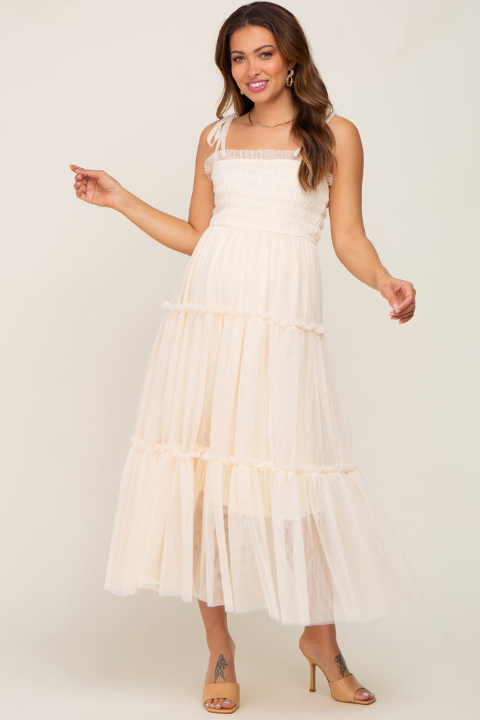 Cream Smocked Mesh Maternity Midi Dress