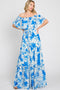 Blue Leaf Print Strapless Tiered Maxi Dress