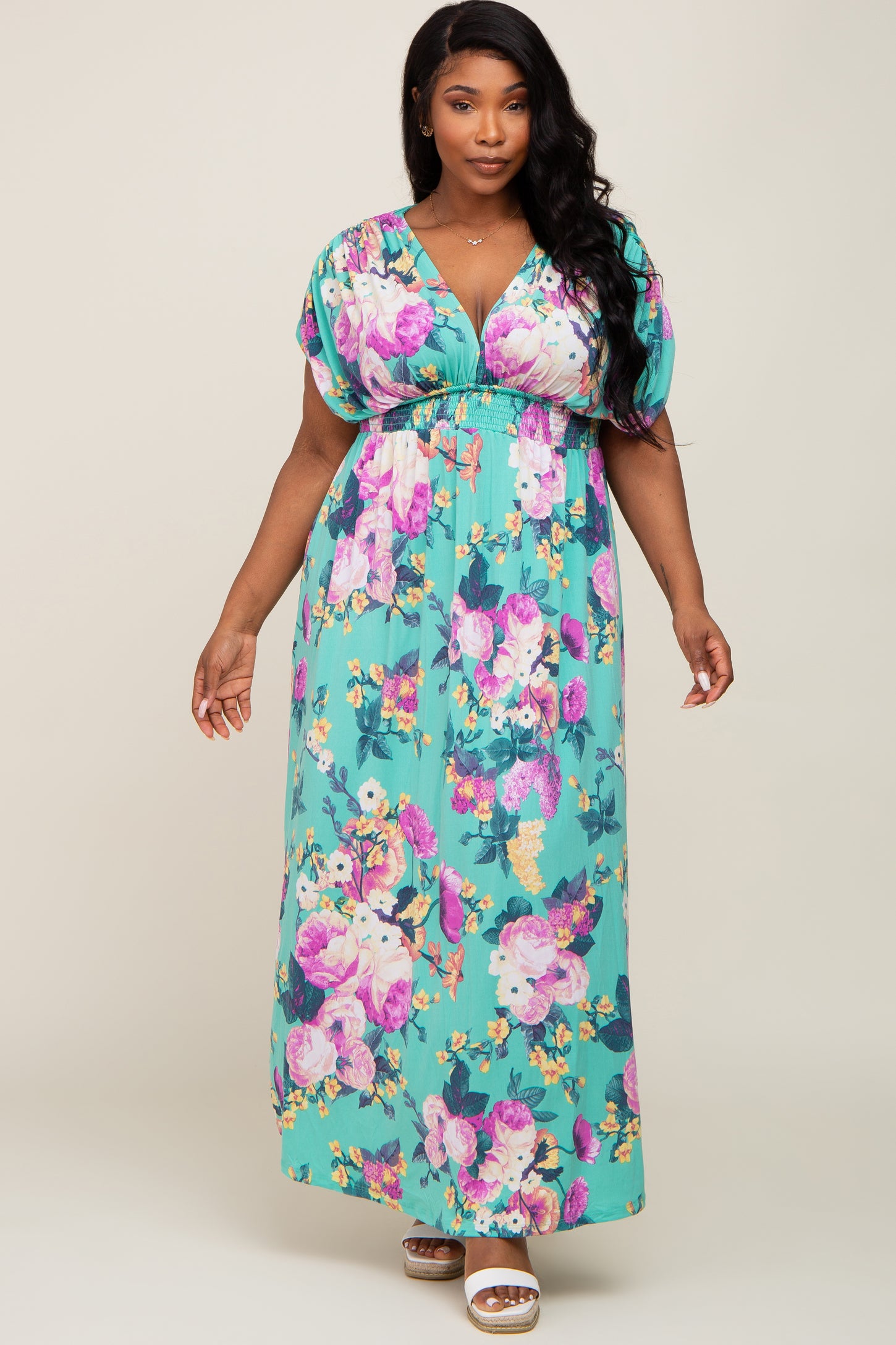 Aqua Floral Deep V-Neck Plus Maxi Dress