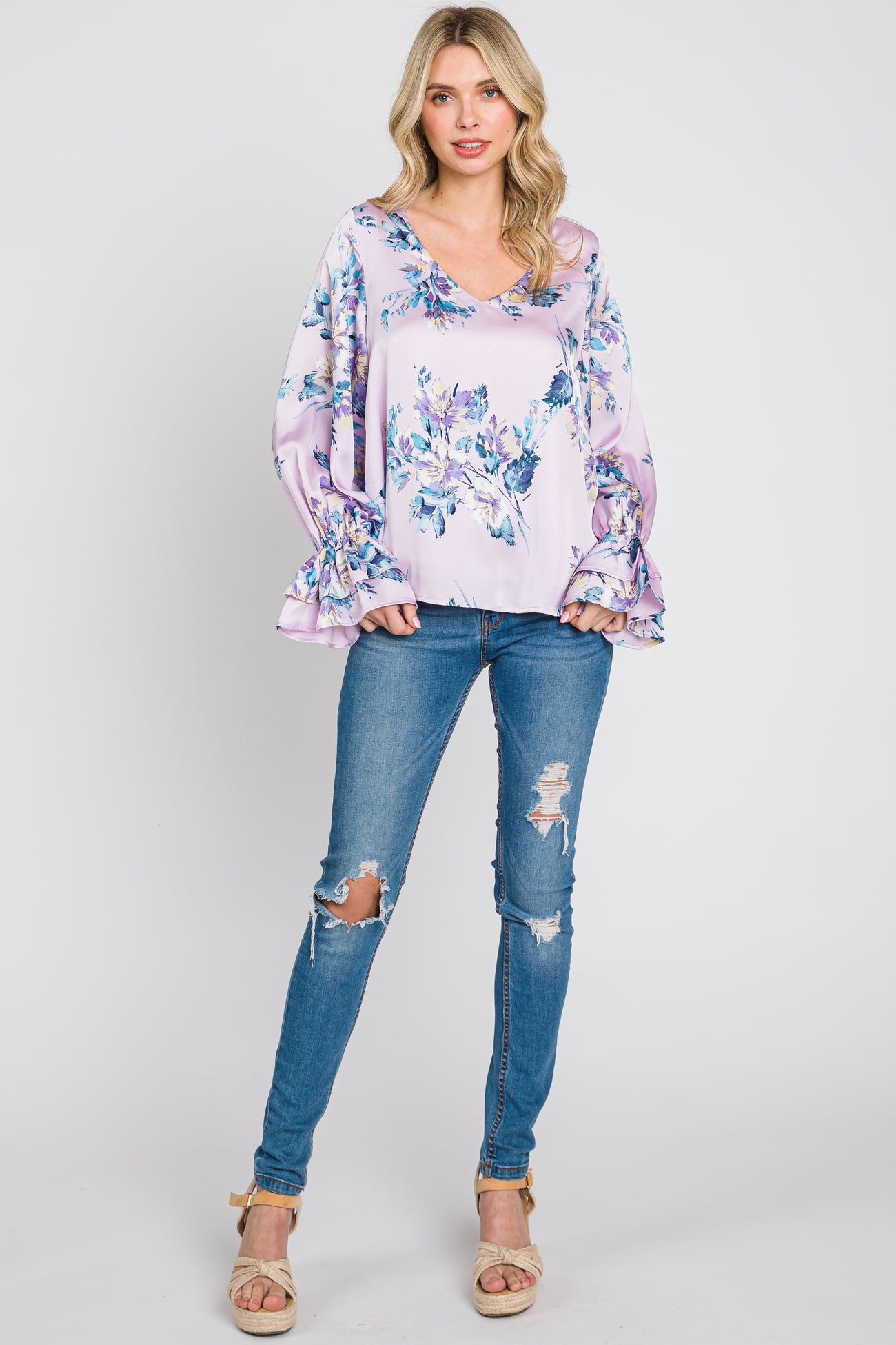 Lavender Floral Satin Ruffle Sleeve Blouse