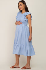 Light Blue Smocked Layered Ruffle Flutter Sleeve Maternity Midi Dress