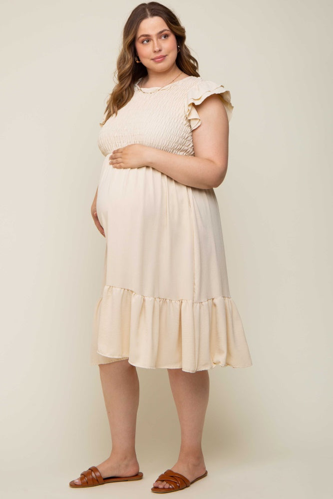 Beige Smocked Layered Ruffle Flutter Sleeve Maternity Plus Midi Dress