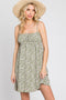 Light Olive Floral Ruffle Square Neck Shoulder Tie Dress