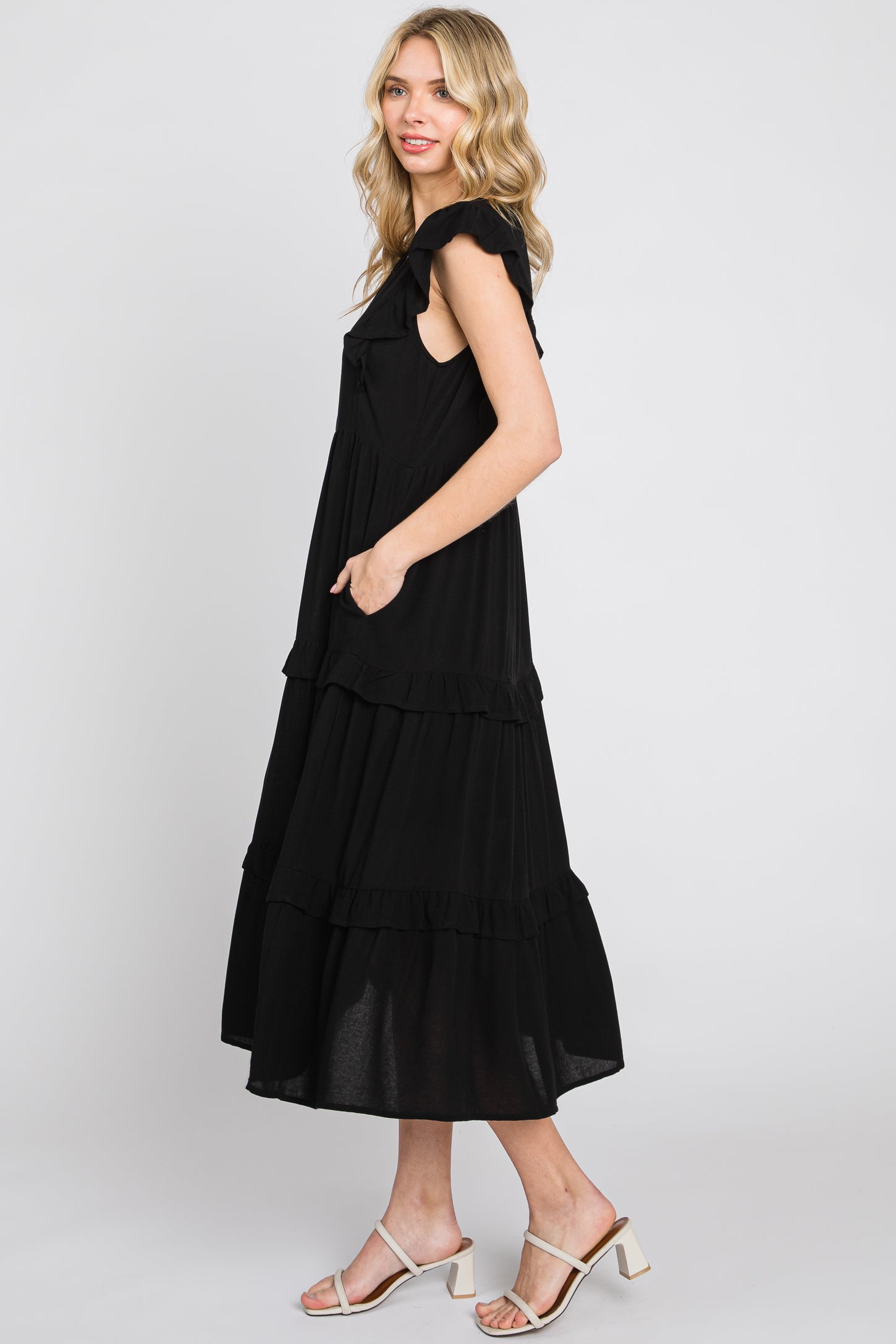 Black Ruffle Accent Tiered Midi Dress