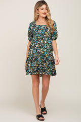 Black Floral Puff Sleeve Maternity Dress