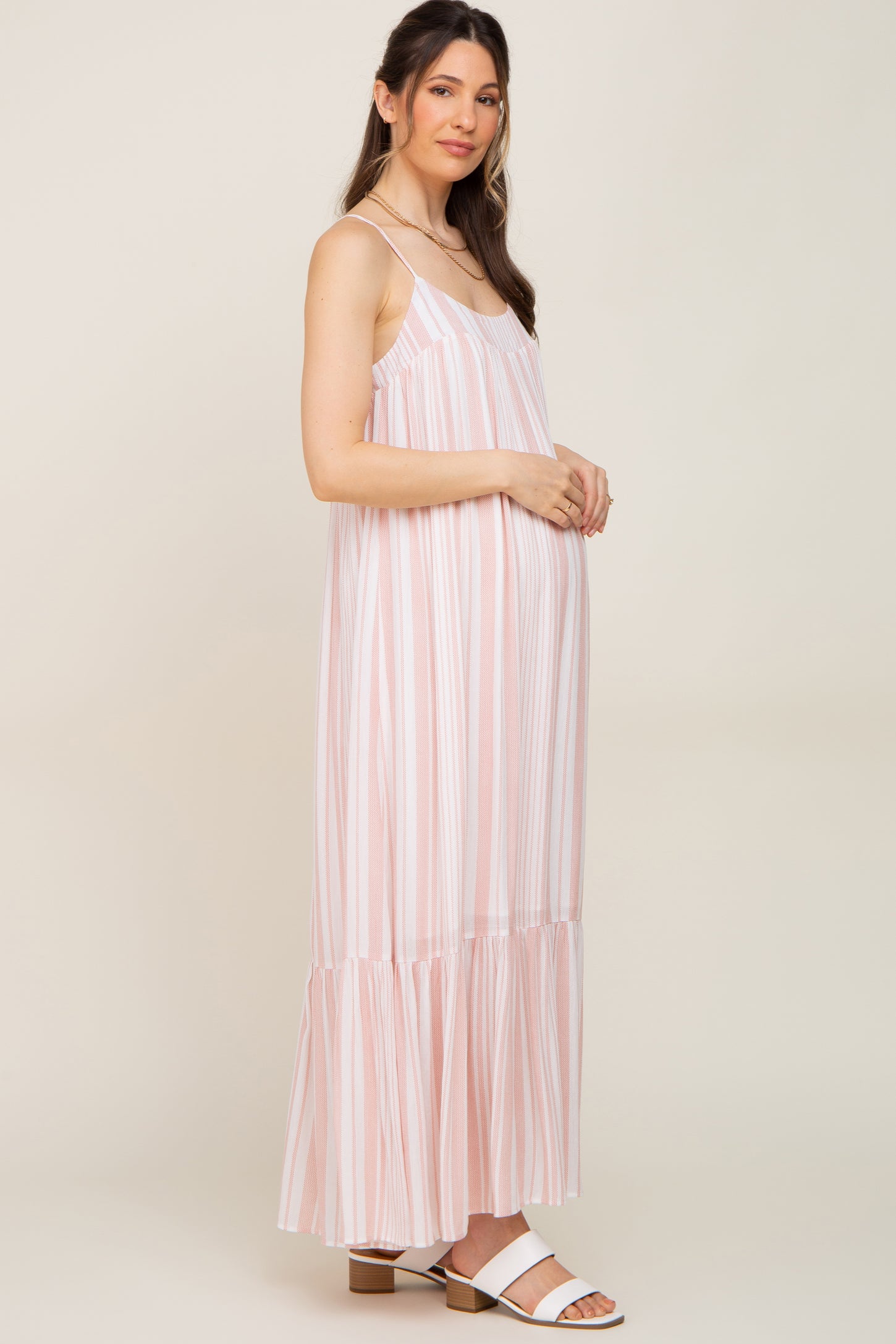 Coral Striped Sleeveless Maternity Maxi Dress