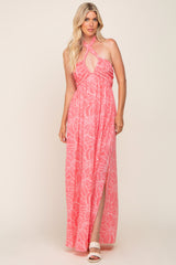 Coral Floral Halter Neck Maxi Dress