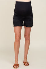 Black Distressed Raw Hem Maternity Jean Shorts