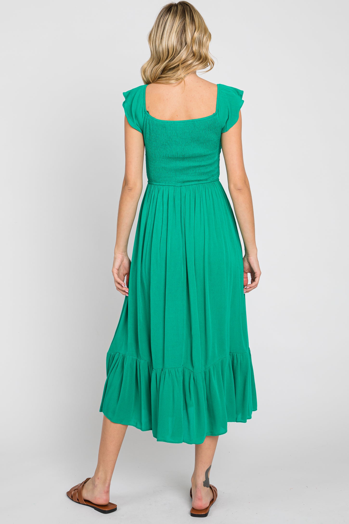 Green Smocked Ruched Ruffle Hem Maxi Dress