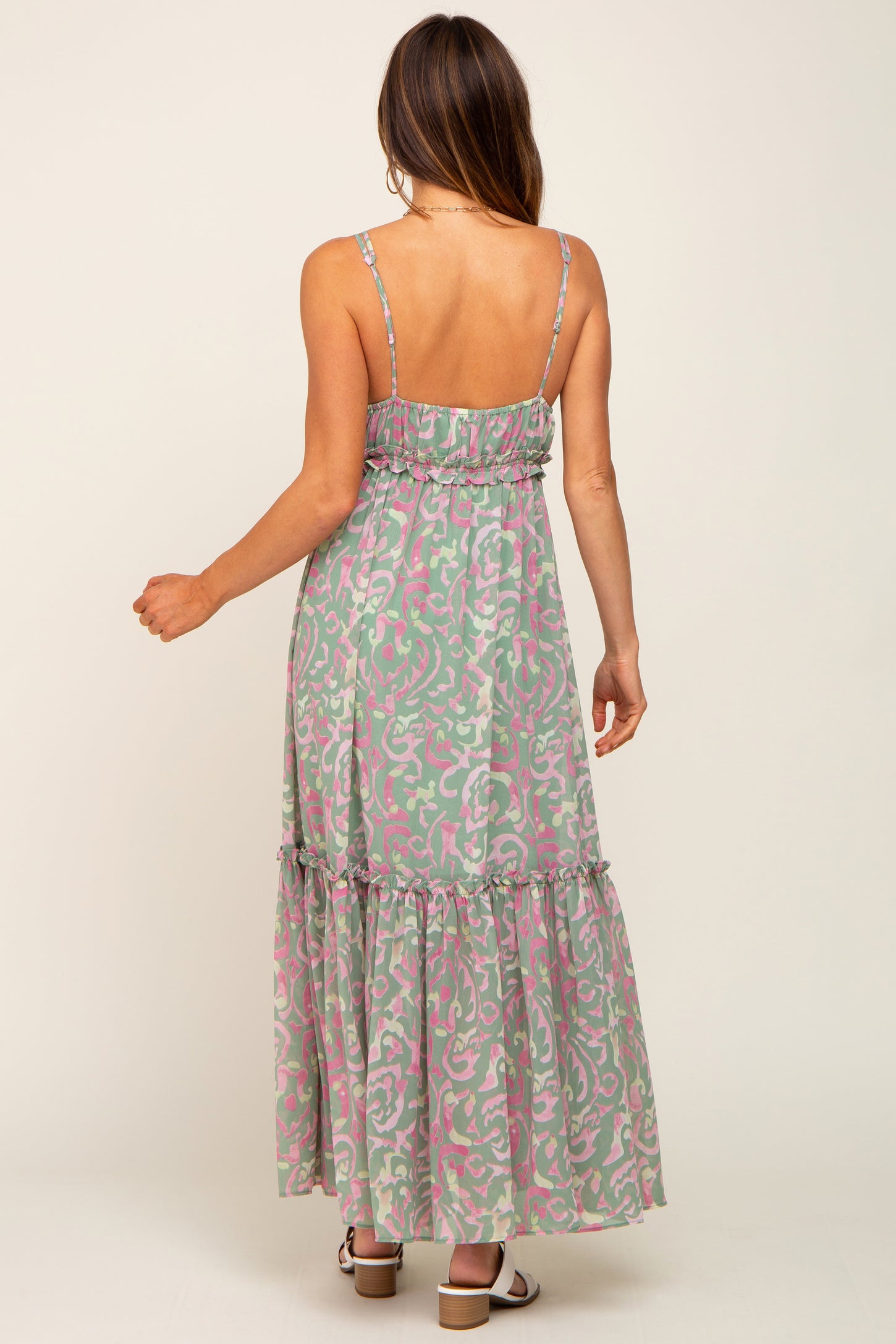 Light Olive Chiffon V-Neck Ruffle Tiered Maxi Dress