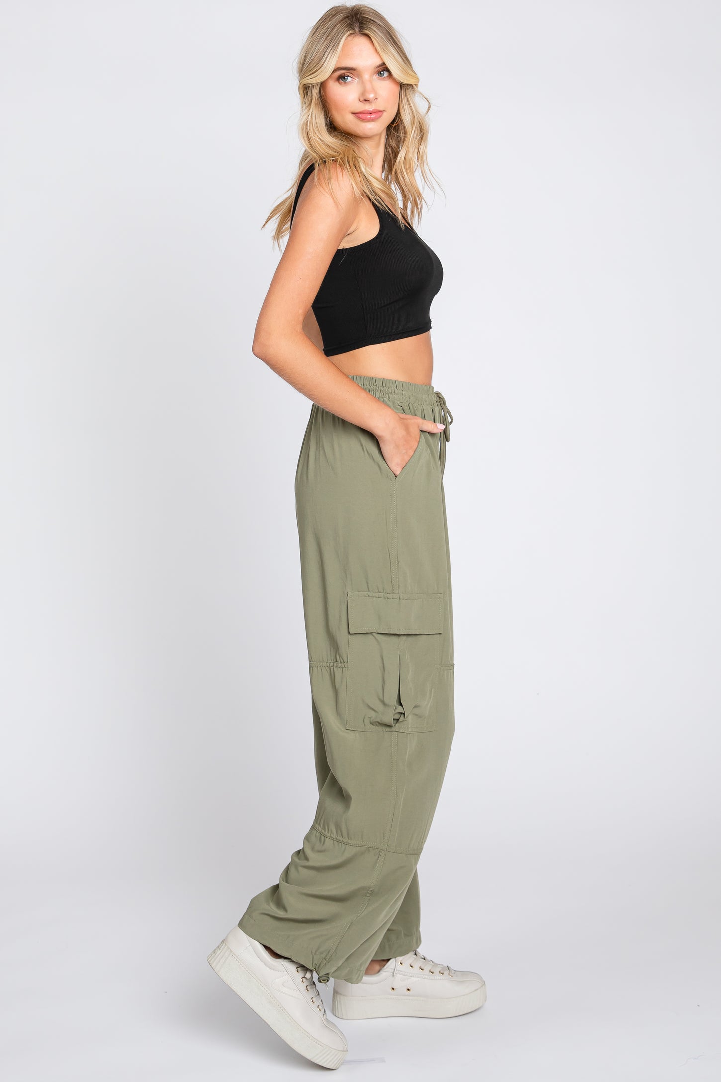 Olive Drawstring Waist Cargo Pants
