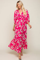 Fuchsia Floral V-Neck Dolman 3/4 Sleeve Maternity Midi Dress