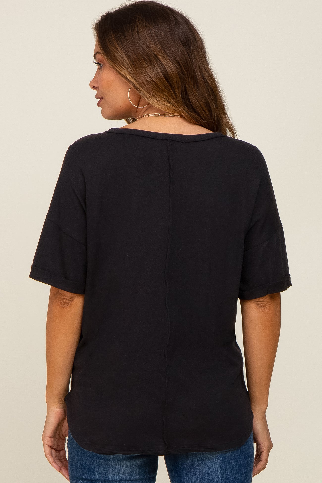 Black Oversized V-Neck Cuffed Short Sleeve Maternity Tee