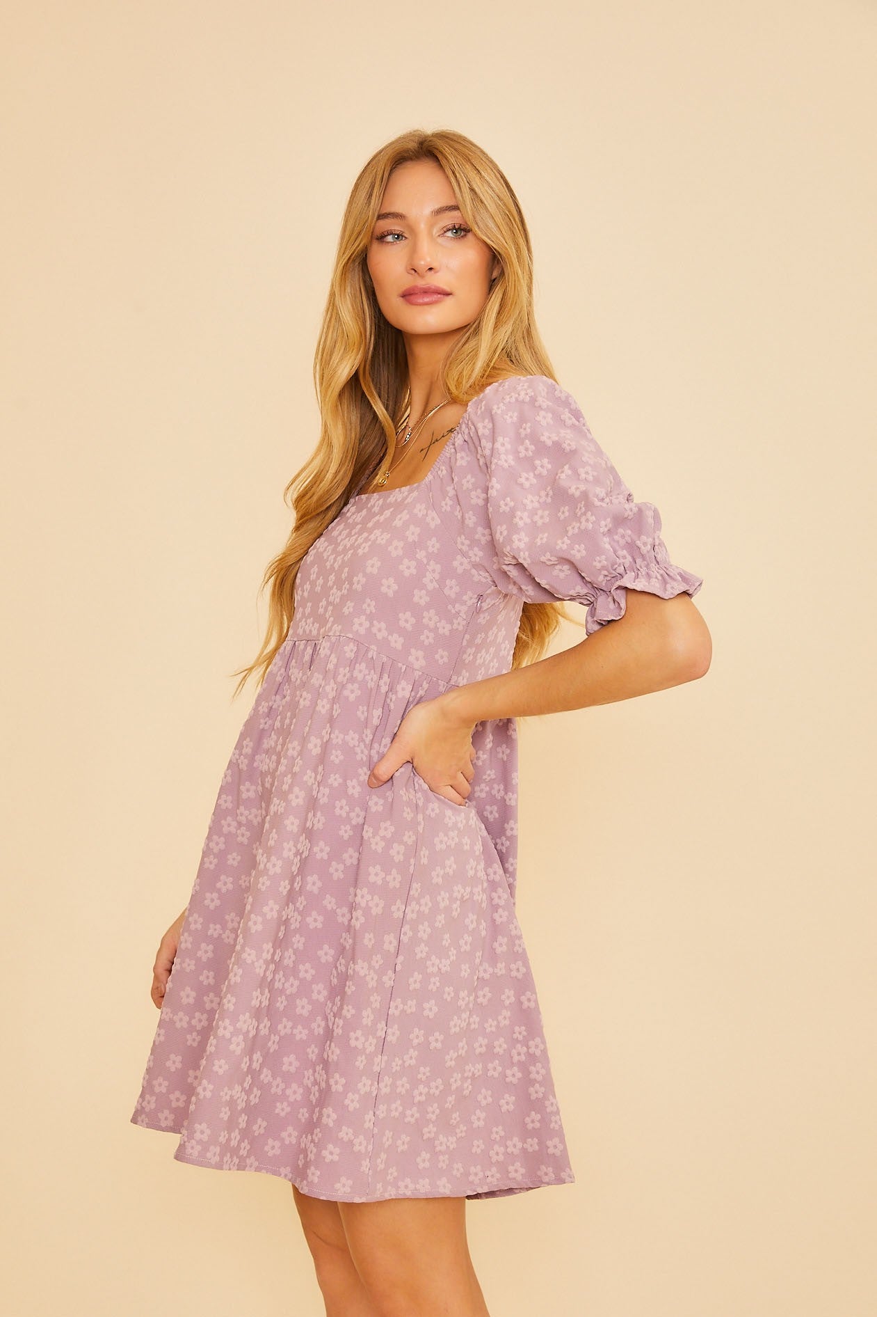 Lavender Floral Textured Square Neck Babydoll Dress