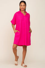 Fuchsia Linen Collared Front Pocket Short Sleeve Maternity Dress