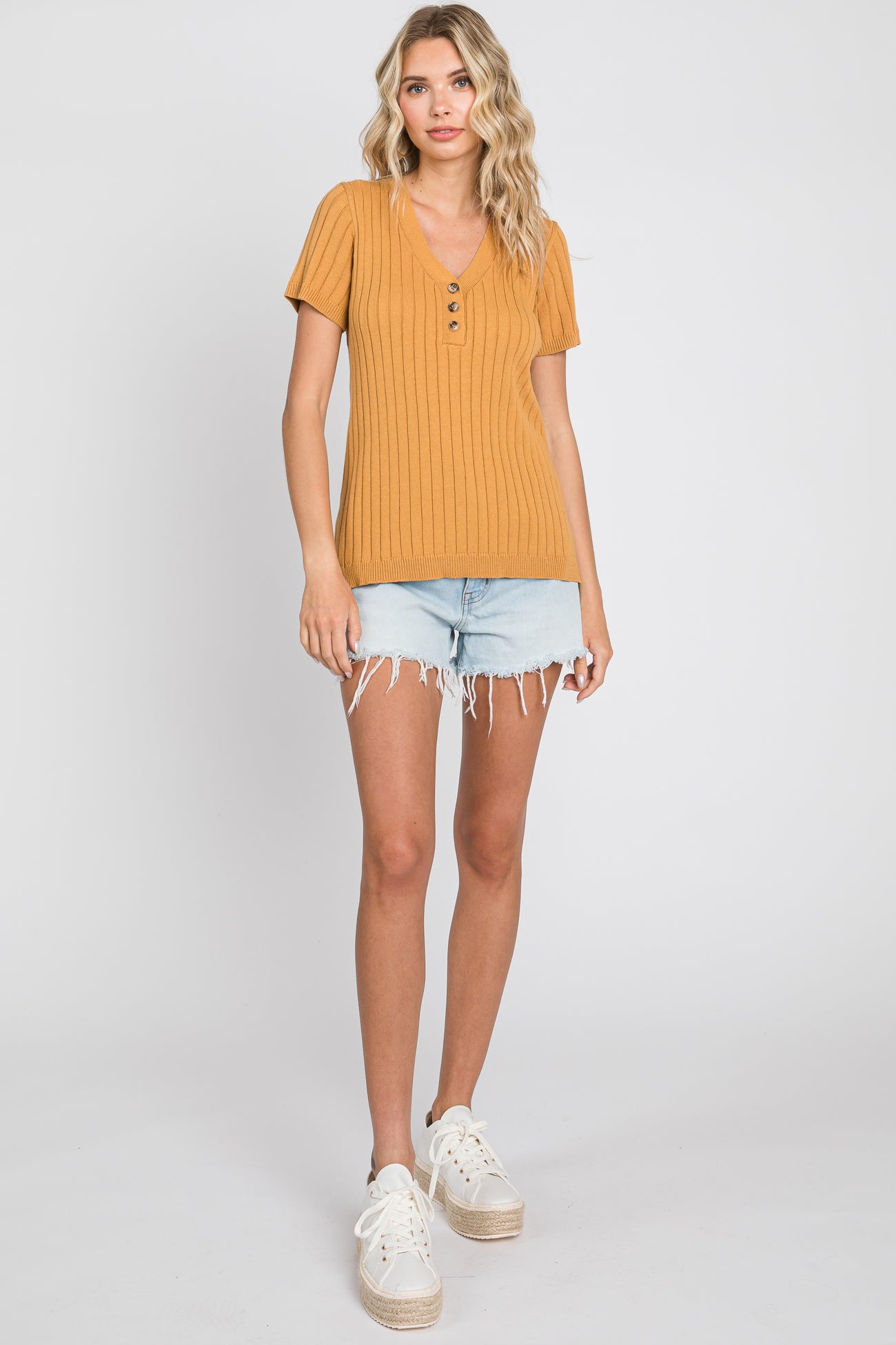 Camel Ribbed Knit Button Top