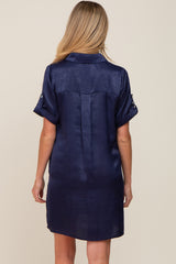 Navy Blue Satin Button Front Short Sleeve Maternity Dress