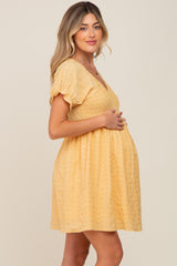 Yellow Smocked Textured V-Neck Maternity Dress