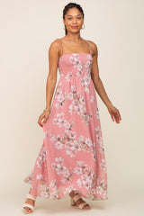 Mauve Floral Sleeveless Smocked Maternity Maxi Dress