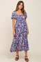 Blue Floral Puff Sleeve Midi Dress