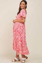 Fuchsia Floral Puff Sleeve Maternity Midi Dress