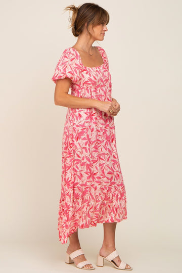 Fuchsia Floral Puff Sleeve Midi Dress