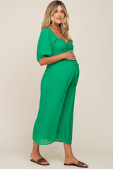 Green Smocked Drawstring Front Short Sleeve Maternity Jumpsuit