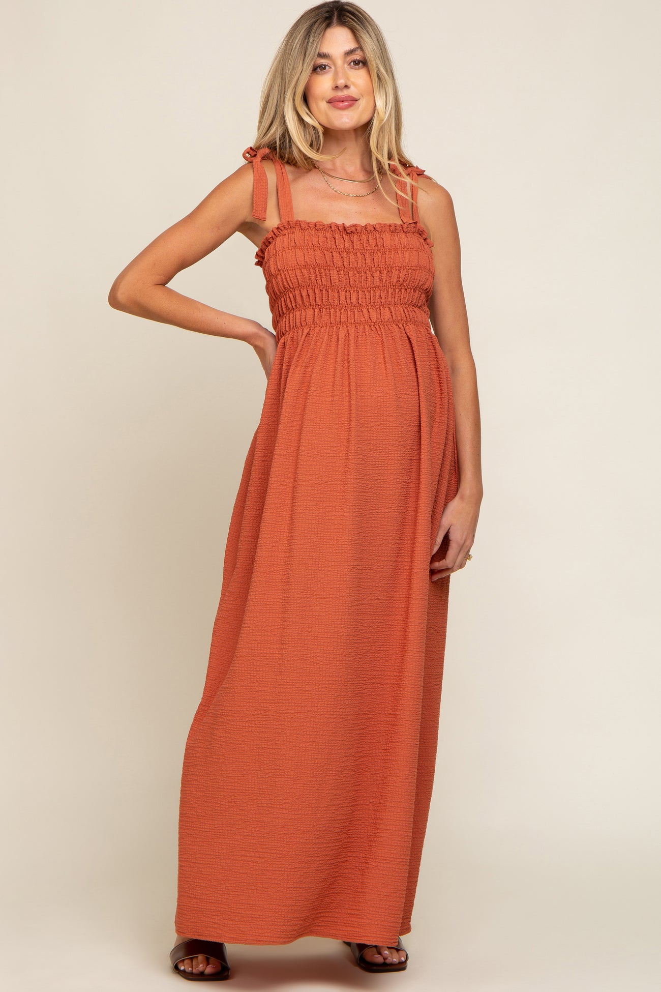 Rust Textured Smocked Shoulder Tie Maternity Maxi Dress