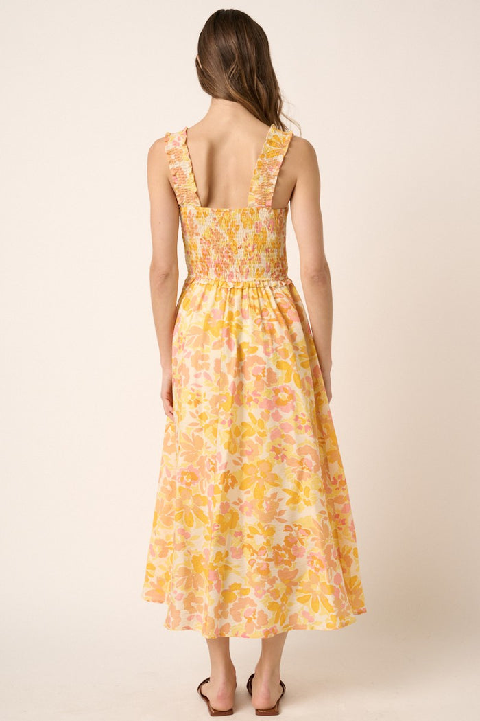 Yellow Flower Print Smocking Detail Midi Dress
