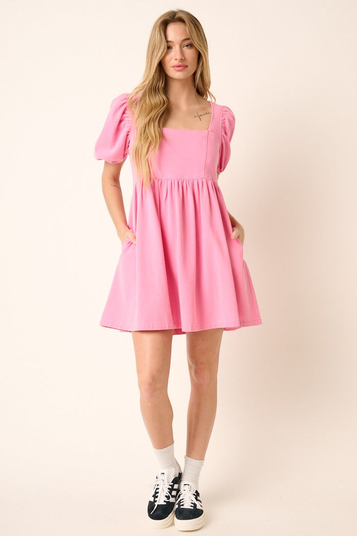 Hot Pink Washed Denim Puff Sleeve Babydoll Dress