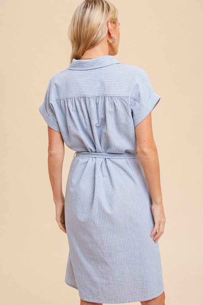 Light Blue Pin Stripe Belted Shirt Dress
