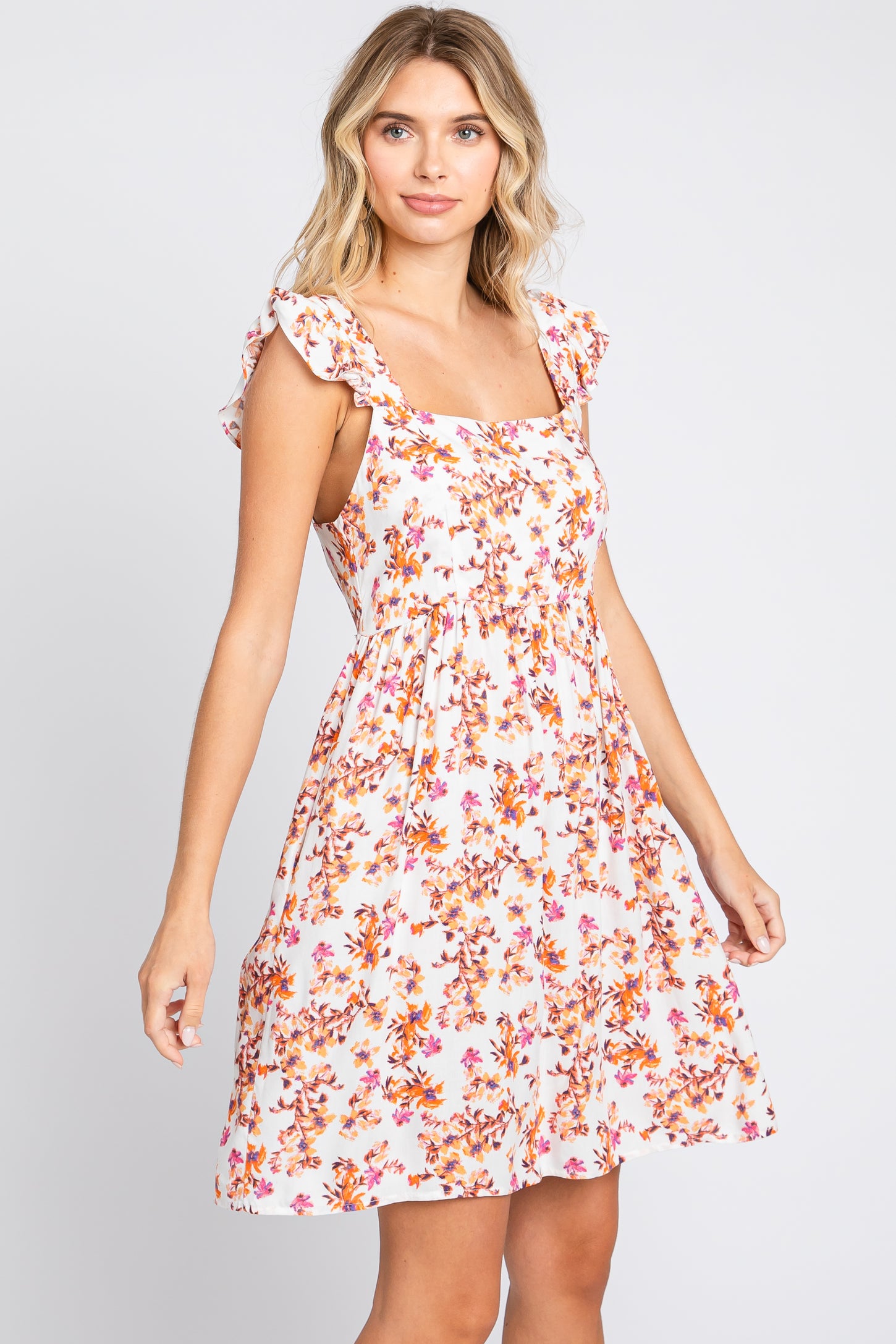 Ivory Leaf Print Ruffle Accent Dress