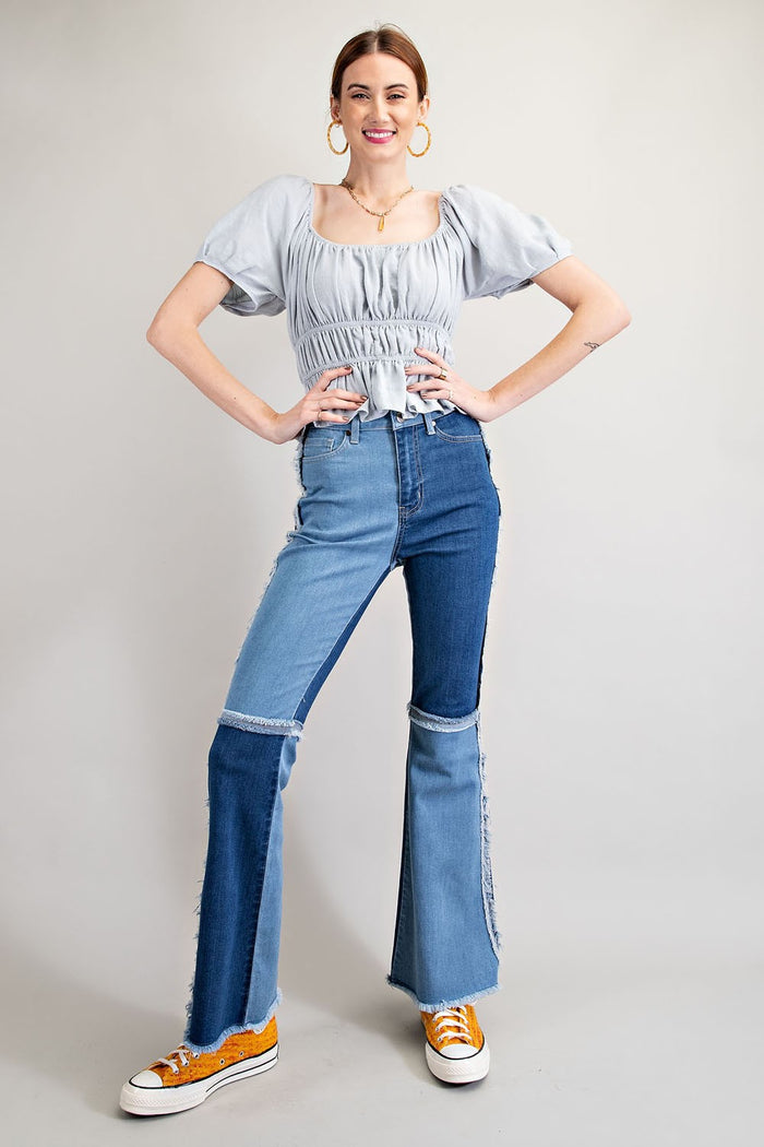 Blue Textured Poly Linen Peplum Top