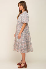 Light Olive Floral Chiffon Puff Short Sleeve Tiered Midi Dress
