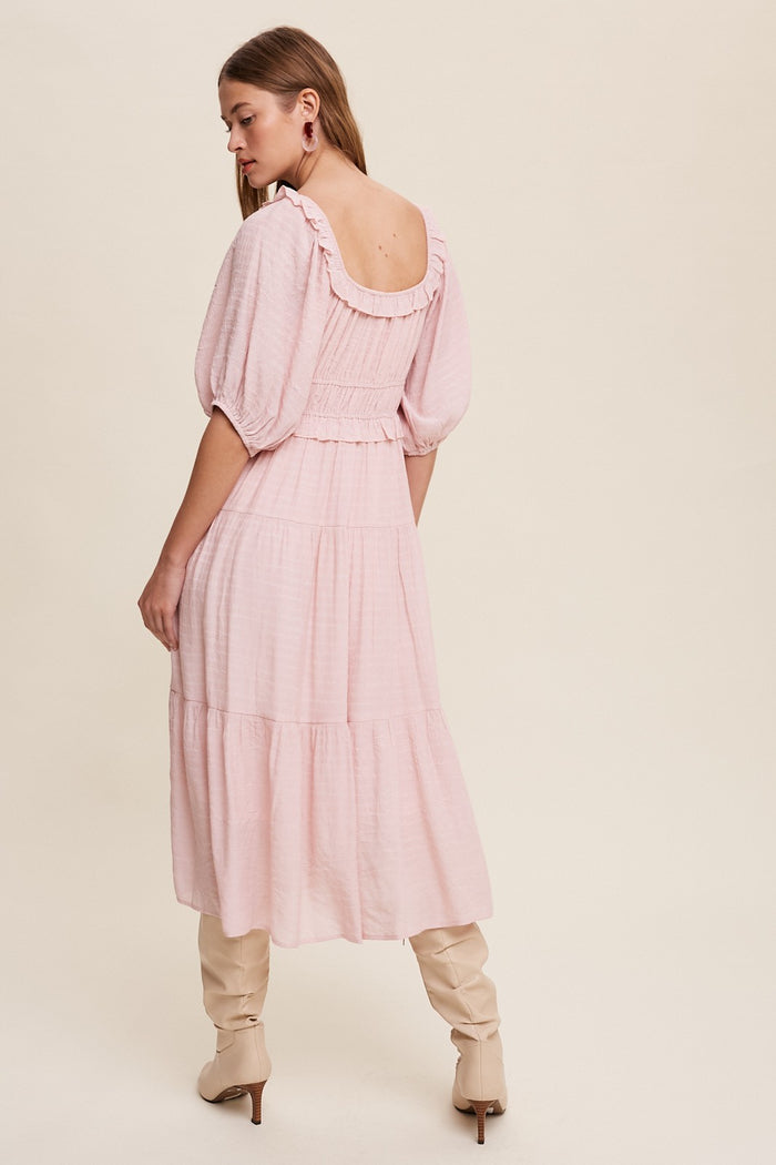 Blush Ruffle Front Tie Tiered Midi Dress