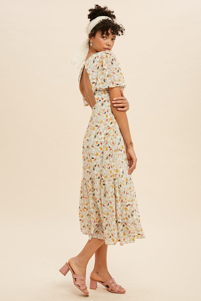 Cream Floral Chiffon Flutter Sleeve V Neck Midi