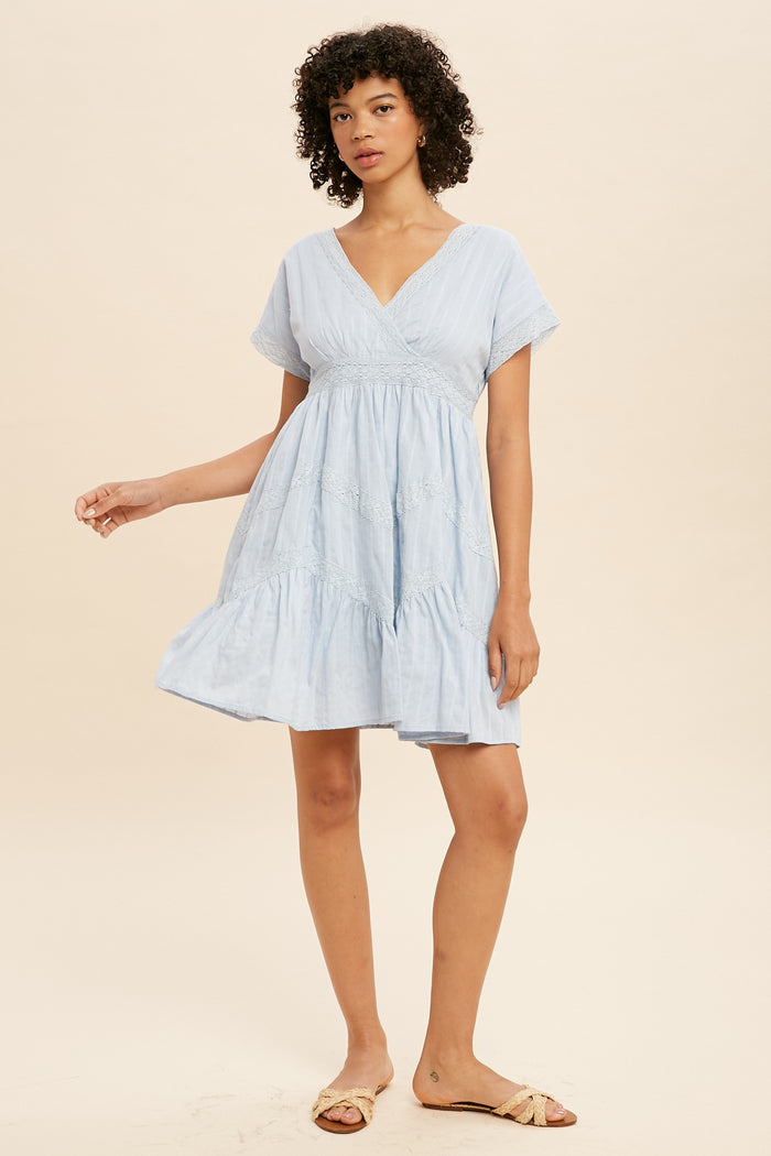 Powder Blue Surplice Tiered Mini Dress