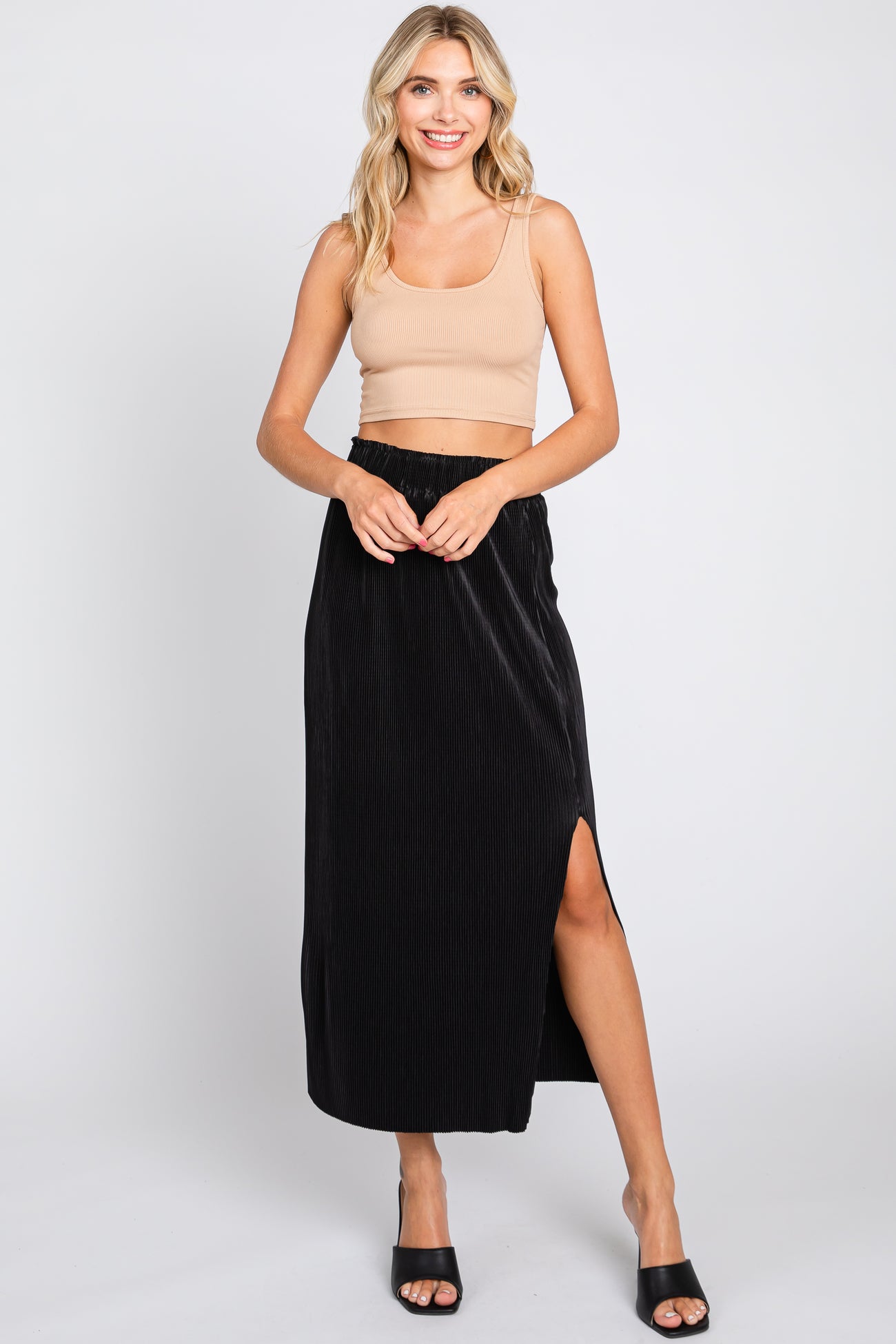 Black Pleated Side Slit Maternity Midi Skirt