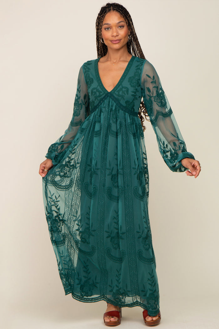 PinkBlush Emerald Green Lace Mesh Overlay Long Sleeve Maternity Maxi Dress