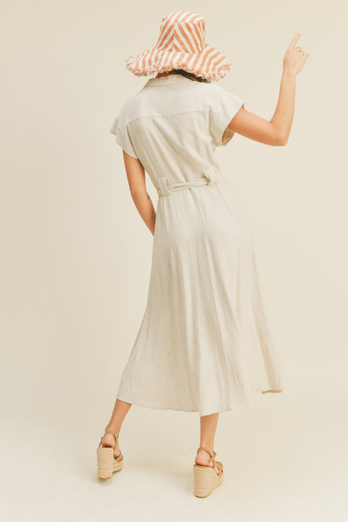 Oatmeal V-Neck Buttondown A Line Shirt Dress