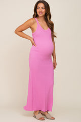 Pink Sleeveless Ribbed Maternity Maxi Dress