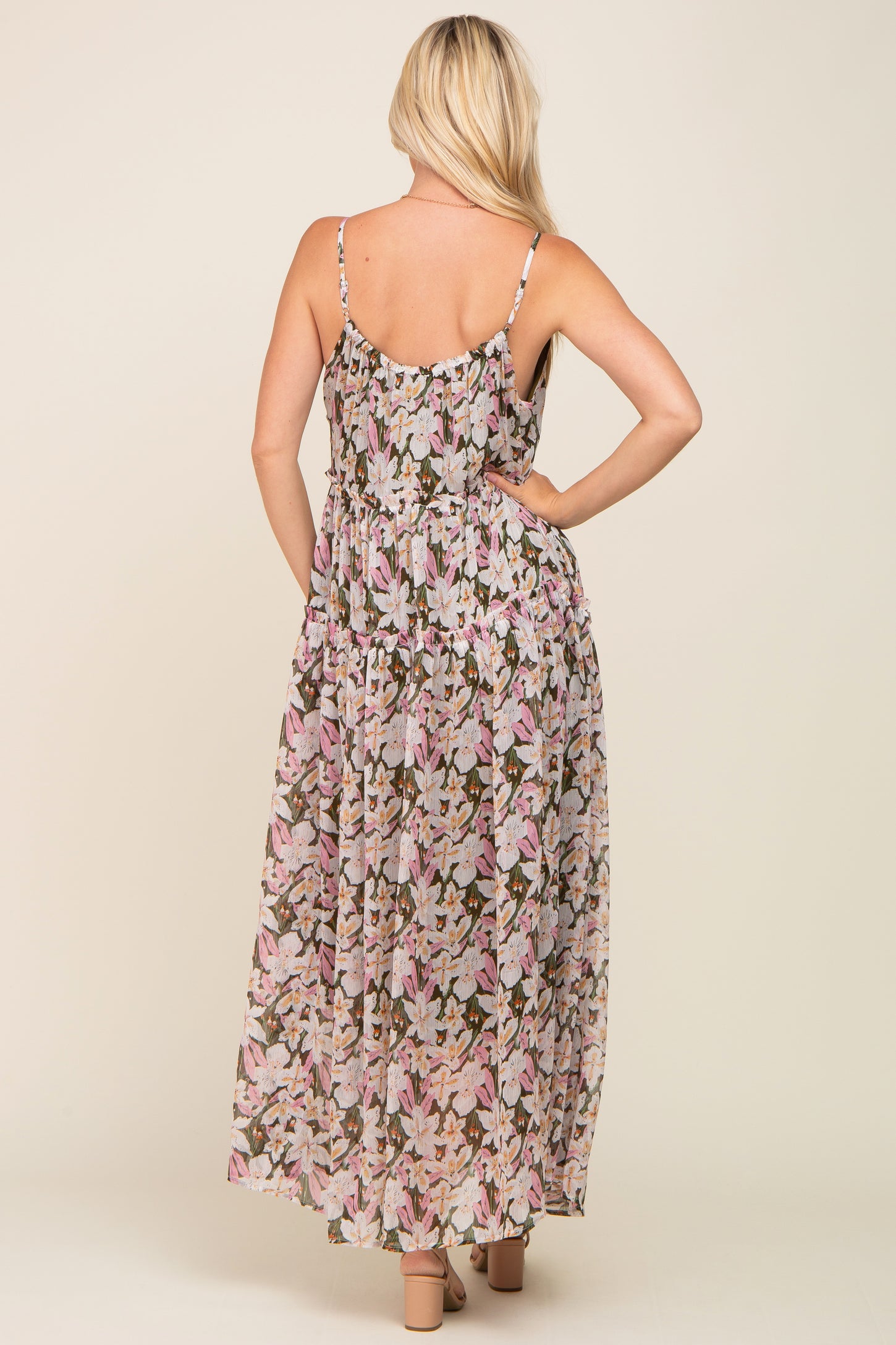 Pink Floral Chiffon Sleeveless Maxi Dress