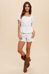 Off White Pin Tuck Peplum Peasant Blouse