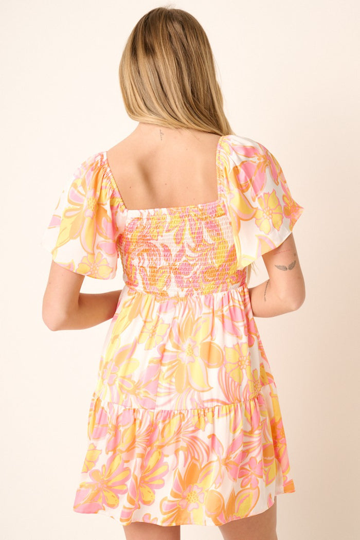 Pink Flower Print Flutter Sleeve Midi Dress