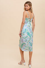 Blue Palm V Neck Draped Satin Midi Dress