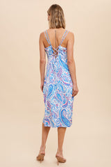 Lavender Multi V Neck Draped Satin Midi Dress