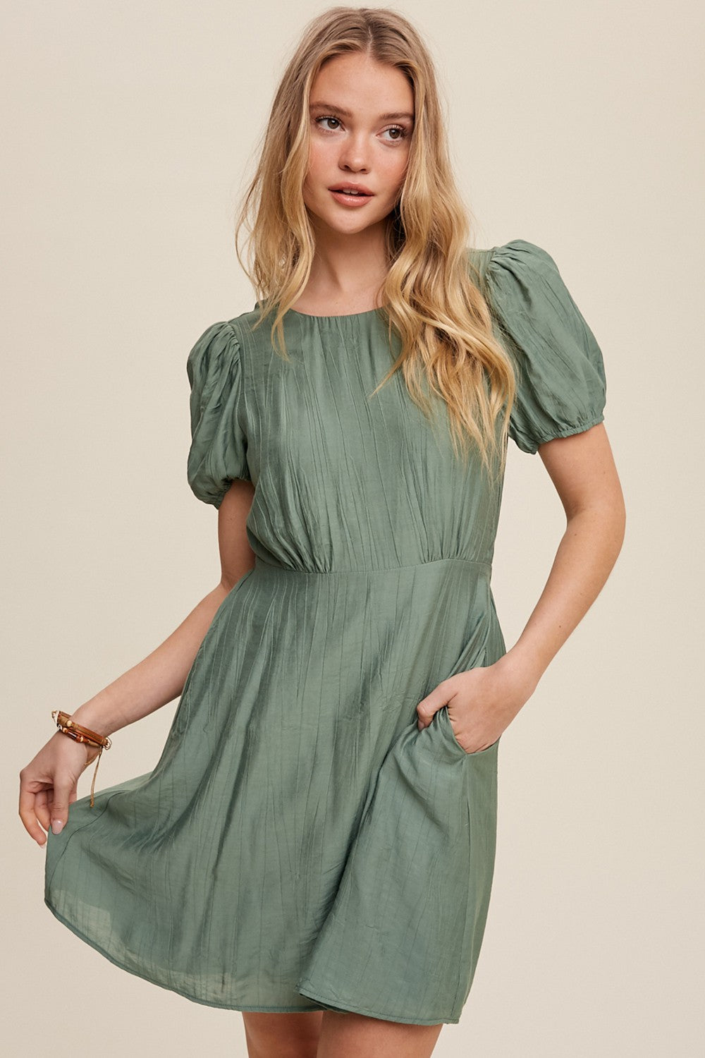 Green Classic Short Sleeve Cinched Waist Dress